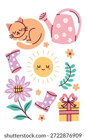 Composición alta de Elementos estacionales como botas de gato, regadera y flores en flor. Lo mejor para los Fondos de pantalla móviles historias de redes sociales y carteles infantiles.