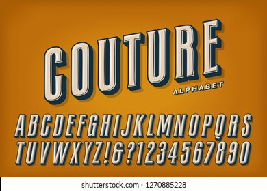 A tall condensed alphabet with shading and dimensions. This font has a haute couture look and a color scheme with a vintage flavor.