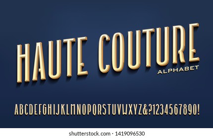 A tall condensed font with subtle but unique styling; this alphabet and color scheme convey an elegant high fashion look. Translation: 'Haute Couture' is French for "High Fashion."