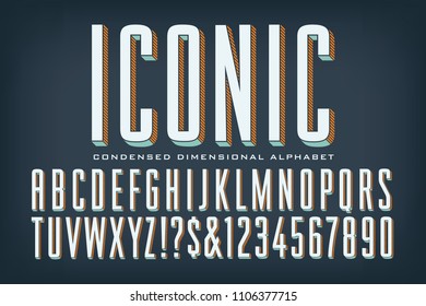 A Tall Condensed Iconic Font With Striped And Solid Drop Shadows