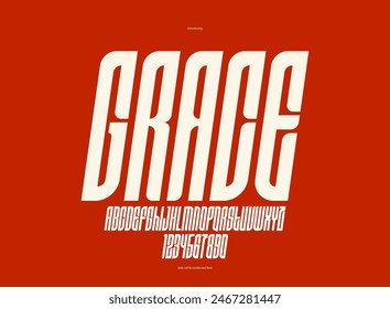 Tall and condensed italic sans serif elegant display font for logos headers or slogans, vector elegant and beautiful geometric typeface, uppercase letters alphabet with numbers.