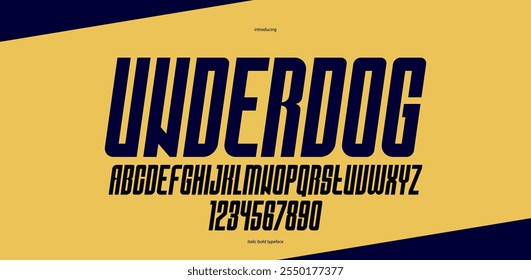 Tall and condensed italic sans serif display font for logos headers or slogans, vector thick geometric typeface, uppercase letters alphabet with numbers, poster and advertising.