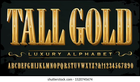 A tall condensed luxury alphabet; this vector font has ornate details and 3d depth.