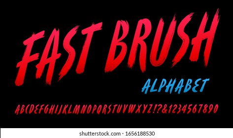 A tall condensed and slanted brush alphabet in bright red tones. Fast Brush font has a look of being quickly painted with slashing strokes. 1980s vibe would go great with retro eighties graphics.