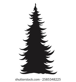 A tall conifer tree silhouette stands prominently with a graceful shape. The tree has detailed branches extending outward drawn in a stark black color on a white background.