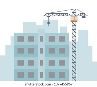 Tall construction crane and construction house. Vector illustration isolated in flat style on white background.