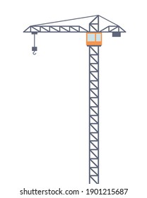 Tall construction crane. Vector illustration isolated in flat style on white background.