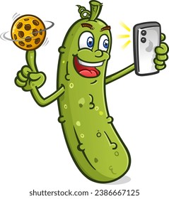 Tall cool pickle cartoon character influencer spinning a pickleball on his finger basketball style and taking a selfie with his smart phone for his social media followers