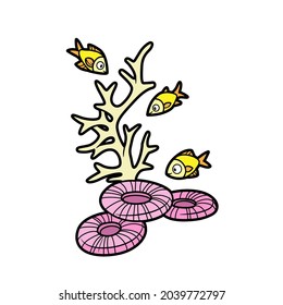 Tall coral surrounded by sponges and fish  color variation for coloring page isolated on white background