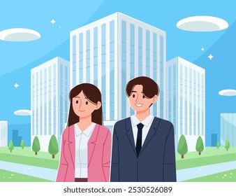 Tall corporate buildings and a panoramic view of the city, with female and male office workers standing with smiling expressions.