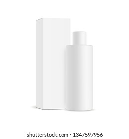 Tall cosmetic bottle with packaging box mockup isolated on white background. Vector illustration