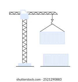 Um guindaste alto que levanta um contêiner de transporte com outro contêiner no chão. Ideal para construção, transporte, logística, engenharia e infraestrutura. Estilo de vetor simples com azul e preto