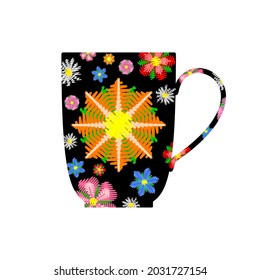 Tall cup with floral pattern, isolated on white background. Vector image.