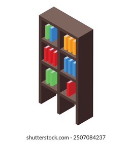 Estantería oscura alta de pie con libros coloridos en vista isométrica