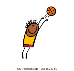 Tall, dark-skinned basketball player throws a ball into the basket. Vector illustration of a sports game on the street or in the gym. Young stickman jumps high. Isolated funny character on white.