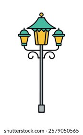 Tall decorative urban street lamp with five glowing lanterns