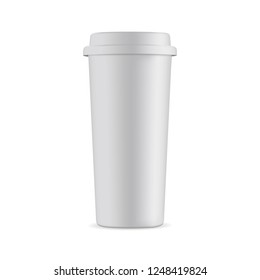 Tall disposable coffee cup mock up with lid isolated on white background. Vector illustration