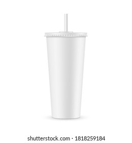 Tall Disposable Soda Cup Mockup With Straw Isolated On White Background. Vector Illustration