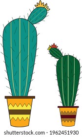 Tall Double Green Cactus In A Brown And Yellow Pot. Indoor Plant Isolated On A White Background. Vector Illustration.