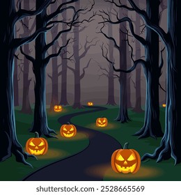 Tall, eerie trees with twisted branches and a dark, foggy path winding through. Eyes peeking out from behind the trees and glowing jack-o’-lanterns lighting the way.