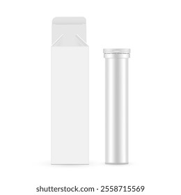 Tall Effervescent Tablets Tube With Opened Rectangle Box, Front View, Isolated On White Background. Vector Illustration