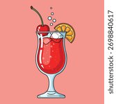 A tall, elegant glass of a refreshing red cocktail, possibly a Singapore Sling or a Shirley Temple, garnished with a bright cherry, a slice of citrus, and some bubbly soda. Vector Illustration