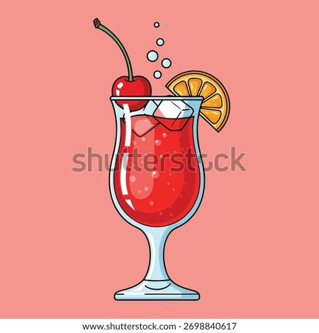A tall, elegant glass of a refreshing red cocktail, possibly a Singapore Sling or a Shirley Temple, garnished with a bright cherry, a slice of citrus, and some bubbly soda. Vector Illustration