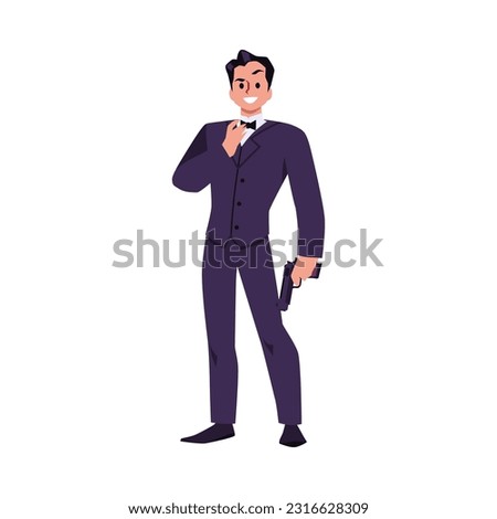 Tall elegant man in suit with bow tie stands with gun in his hand. Secret agent cartoon vector isolated illustration on white background. Super hero, security, or detective concept