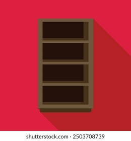 Tall, empty bookcase with four shelves stands against a vibrant red wall, casting a subtle shadow