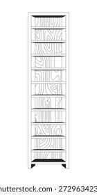 Tall empty wooden bookshelf 2D line object. Vertical shelving with natural wood grain texture. Book organizer. Home furniture isolated clipart vector ink outline item. Monochrome spot illustration