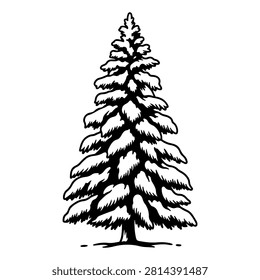 A tall evergreen tree blanketed with snow, showcasing a winter landscape with snow-laden branches and a serene, cold atmosphere.
