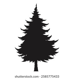 A tall evergreen tree is depicted in silhouette showcasing its slender trunk and dense branches. The stark black outline enhances the tree's majestic shape against a plain background.