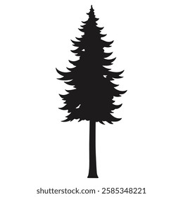 A tall evergreen tree silhouette stands prominently with a stark contrast against a white background. Its branches extend gracefully creating a striking visual.