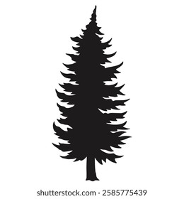 A tall evergreen tree stands prominently with its layered branches. The silhouette appears dark against a light backdrop capturing the essence of nature in a minimalist style.