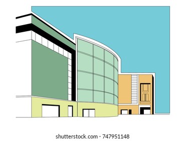 Tall facade line drawing vector of a colorful office space and shopping mall showing the curved retail area and car park with a blue sky