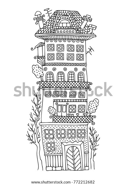 tall fairy house terrace trees hand stock vector royalty