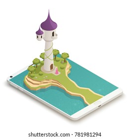 Tall Fairy Tale Tower And Beautiful Golden-haired Girl  Beneath Isometric Composition On Smartphone Screen Vector Illustration 