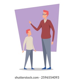 Tall father in red sweater talking to his young son in sweater. They standing indoors against colorful background