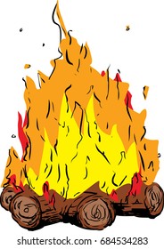 Tall flames on bonfire or campfire over white background