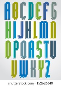 Tall font for headlines, bold condensed letters with rounded corners, vector alphabet. 