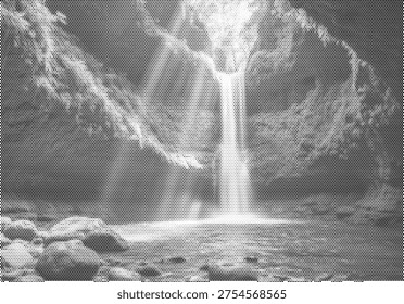 tall forest waterfall over rocks in monochrome halftone texture with powerful cascade moody atmosphere and retro scenic appeal