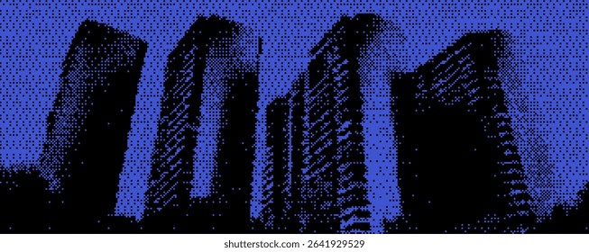 Tall, geometric buildings stand prominently against a twilight sky, their sharp lines and structured forms contrasting with the vibrant blue backdrop. Bitmap y2k zine bg. 