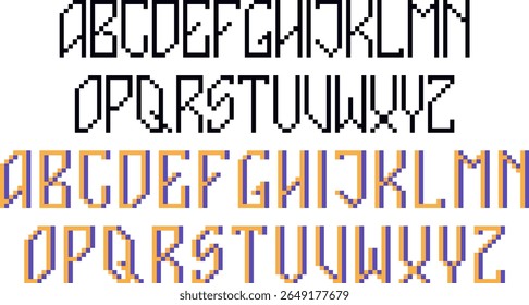 Tall geometric pixel font with sharp corners and a retro digital look. Ideal for games, posters, titles. Pixel art vector.