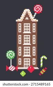 Edificio alto de galletas de jengibre con techo helado y Ilustración vectorial de caramelo