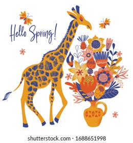 A tall giraffe and a bouquet of flowers in a vase. Vector illustration on a white background.