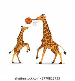 A tall giraffe dunks a basketball into a hoop while a smaller giraffe jumps nearby