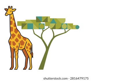 Tall giraffe stands calmly next to an abstract stylized tree made of geometric shapes representing the beauty of wildlife in nature.