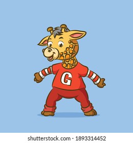 The tall giraffe is using the red shirt with the alphabet on it of illustration
