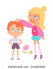 Tall girl measuring progress of height of little preschool boy vector illustration. Cartoon happy small children standing together to measure growth development, friends playing isolated on white