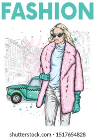 Tall girl in a stylish coat, hat and boots. Taxi and the city. Vector illustration for postcard or poster, fashion and style, clothes and accessories.